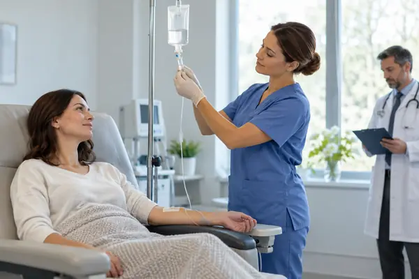 Медсестра устанавливает капельницу Дексаметазона
